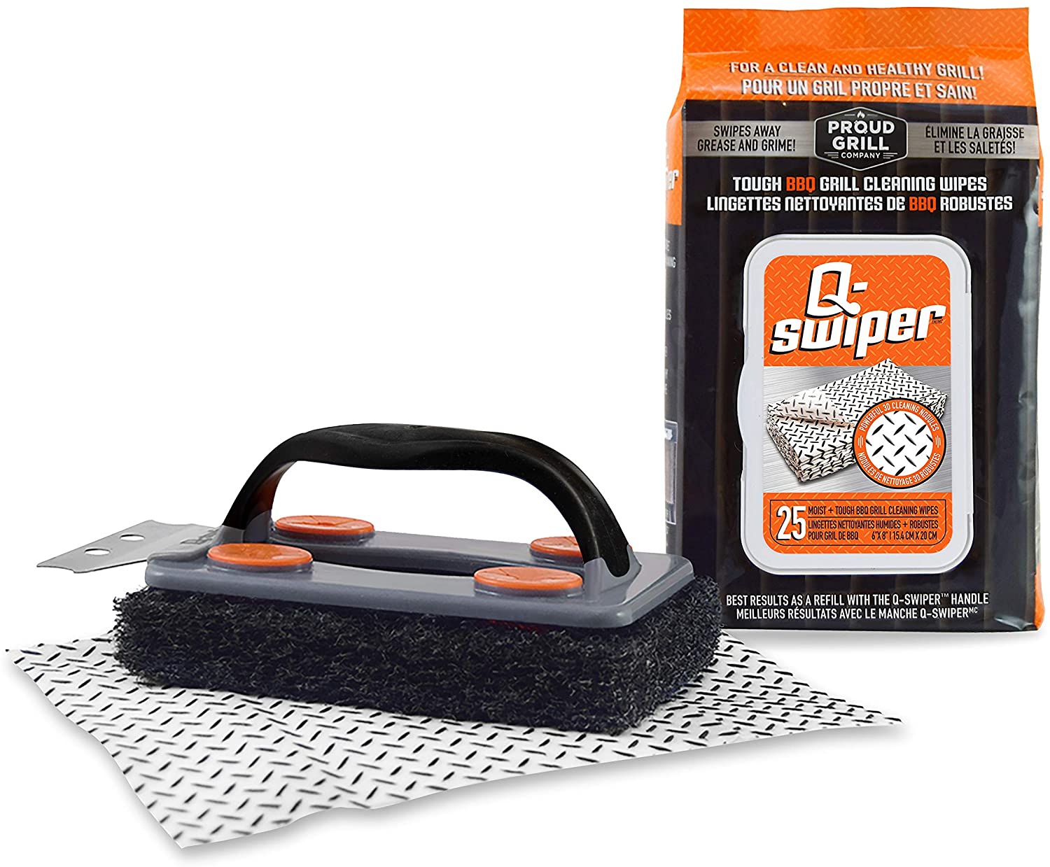 Q-Swiper BBQ Grill Cleaner Set - 1 Grill Brush with Scraper and 25 BBQ Grill Cleaning Wipes