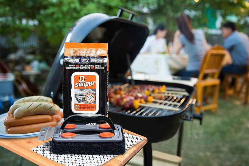 Q-Swiper BBQ Grill Cleaner Set - 1 Grill Brush with Scraper and 25 BBQ Grill Cleaning Wipes