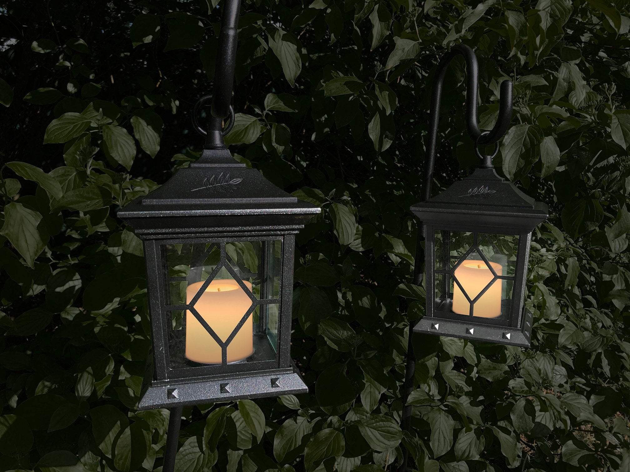 2 x Metal Garden Outdoor Lanterns with Flickering LED Battery Candle