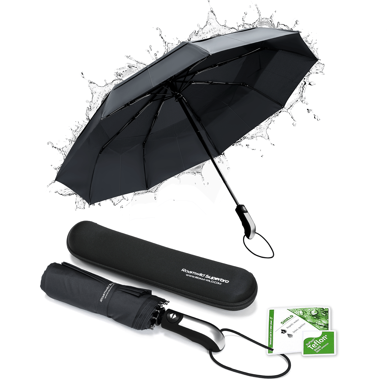 Roamwild Vented SuperBRO Super Strong Black Fast Drying Automatic Compact Umbrella