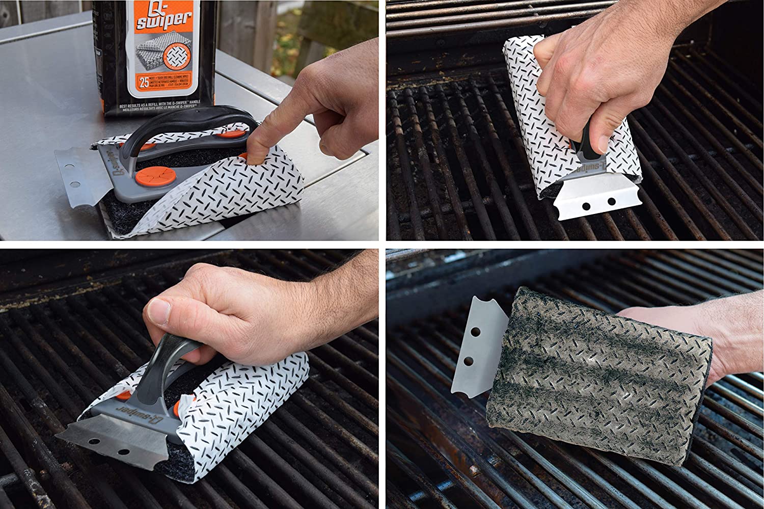 Q Swiper BBQ Grill Cleaner Set 1 Grill Brush with Scraper and 25 BBQ