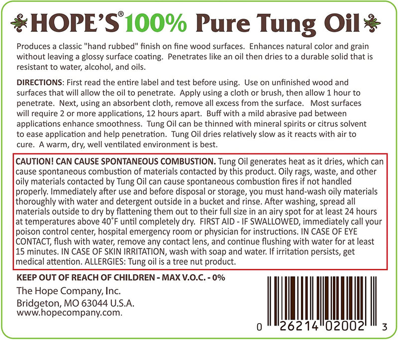 Hope's 100% Pure Tung Oil, Waterproof Natural Wood Finish and Sealer 950 ml