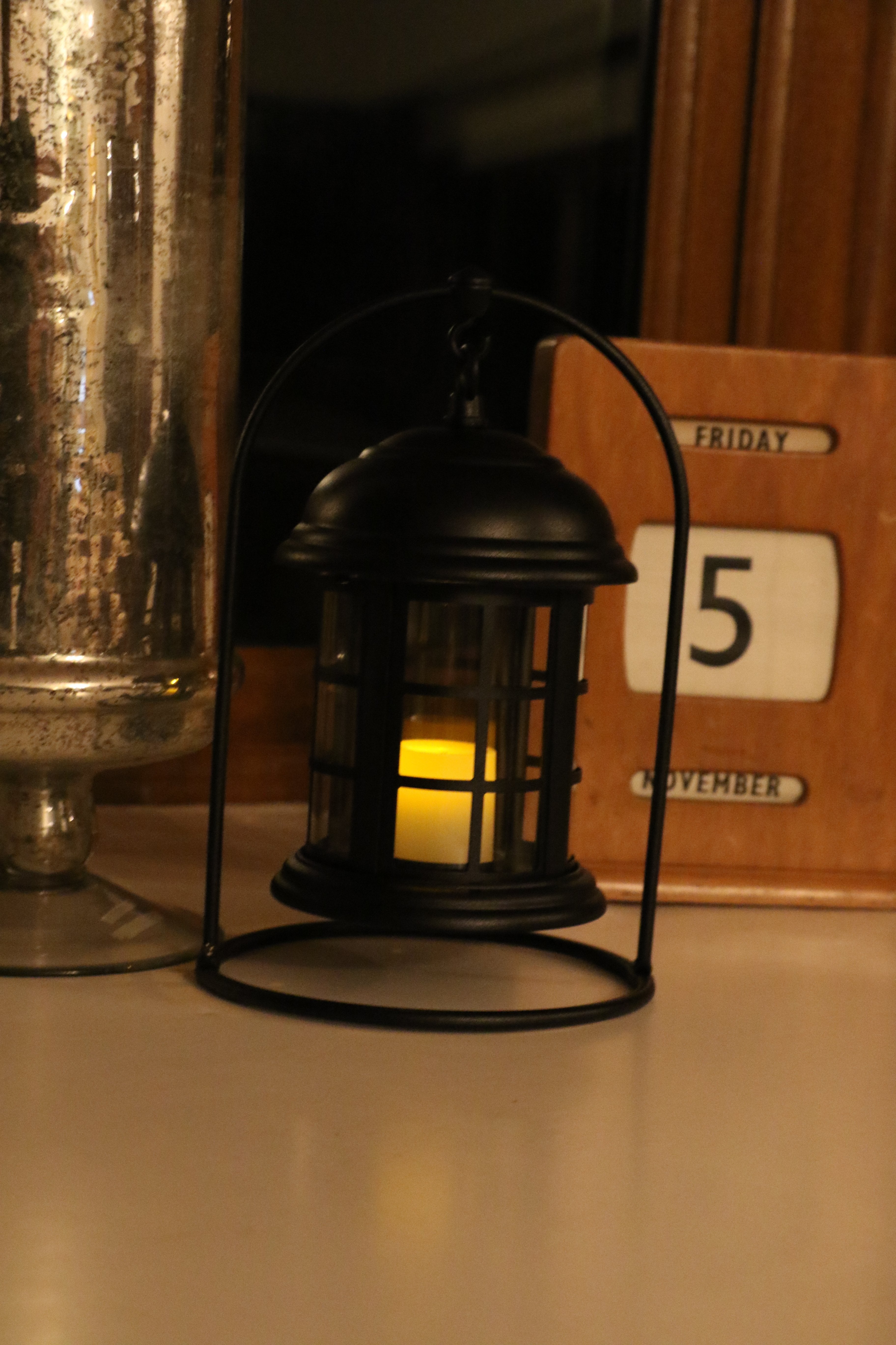 Black Ornate Battery Operated Lantern