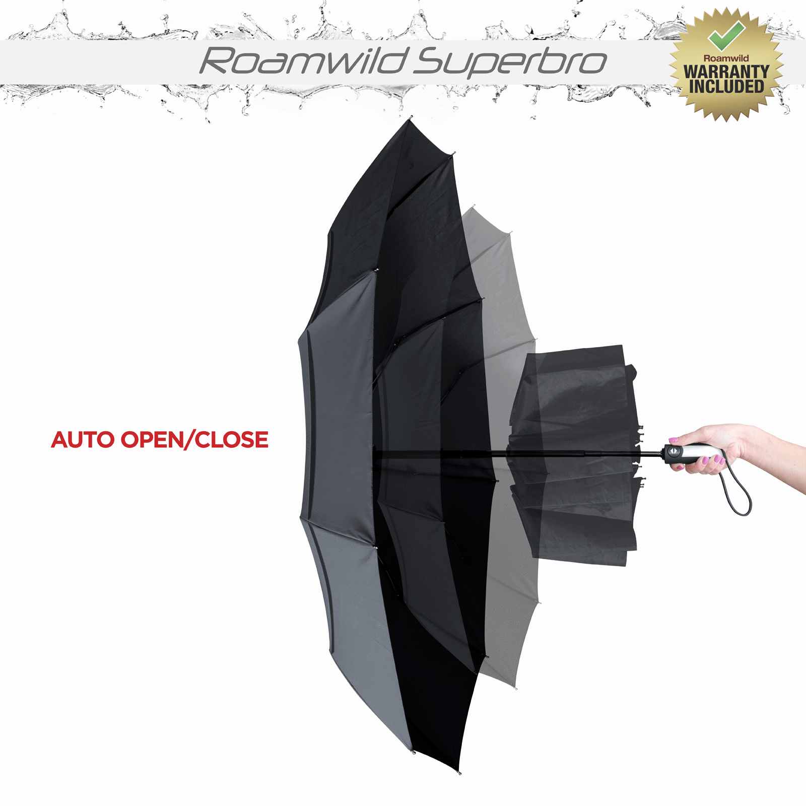 Roamwild Vented SuperBRO Super Strong Black Fast Drying Automatic Compact Umbrella